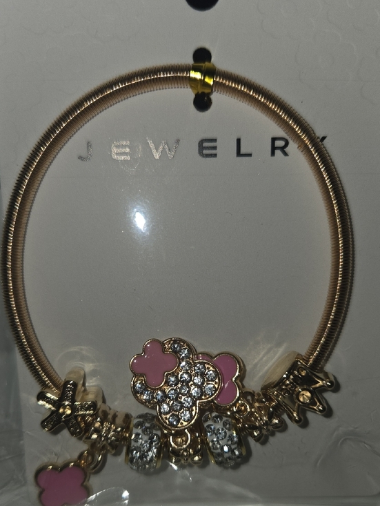 Jewelry - Gold-Tone Bracelet with Pink Enamel & Crystal Charms